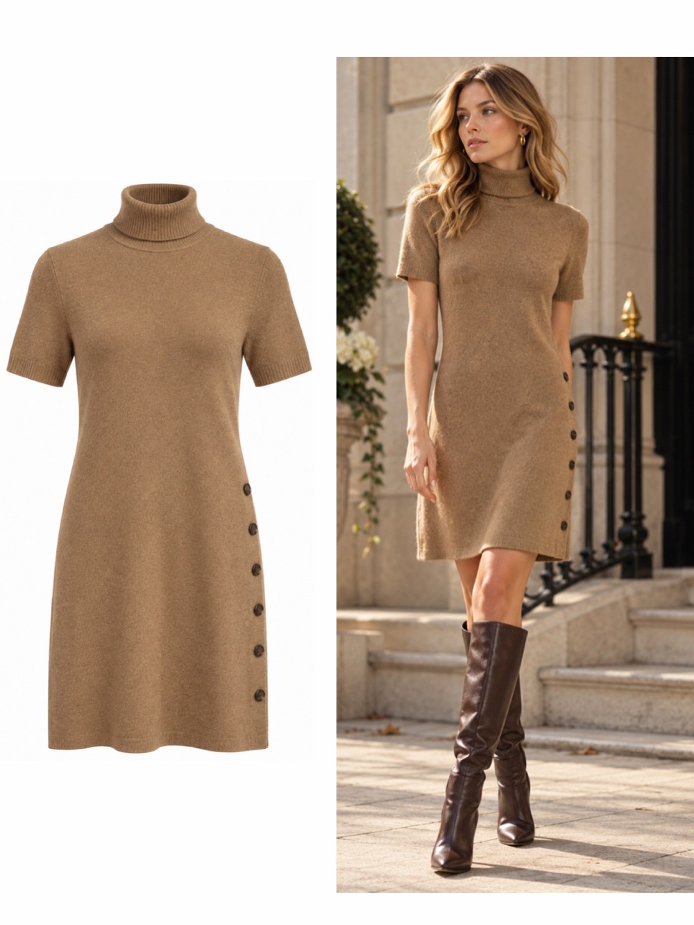 Ralph Lauren Purple Label Tan Wool Cashmere Turtleneck Sweater Dress M NWT 🟠